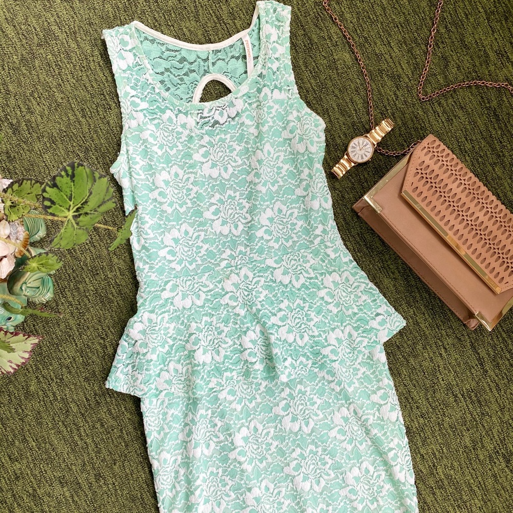 Reneec. Mint Peplum Dress with Lace Overlay